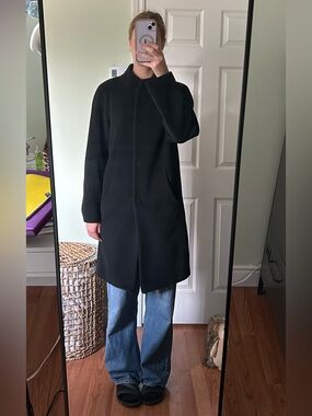 Elema Black Knee Length Pea Coat, 95% Wool